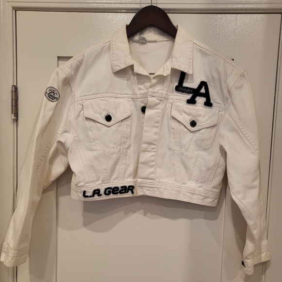 Vintage LA Gear CROP Denim Jacket White with Shoulder Pads BNWOT M - Picture 2 of 9
